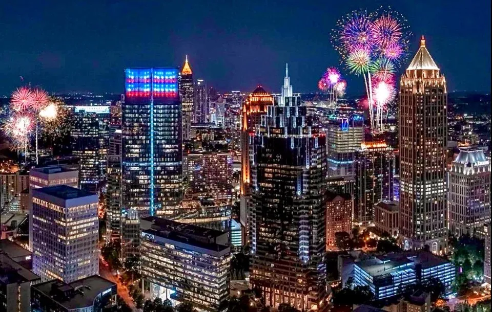 1180 Peachtree lit red, white, and blue in Atlanta, GA